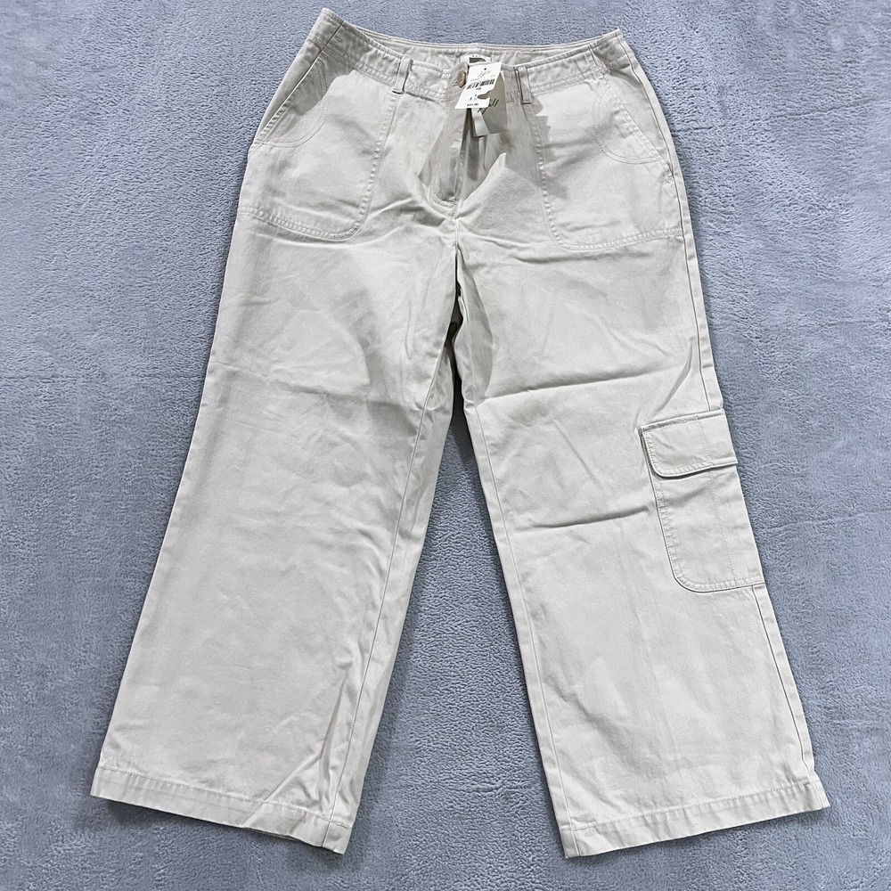 J. Jill Cargo Chino Pants Women 10 Wide Leg Beige Stone Ankle 100% Cotton - Picture 1 of 12